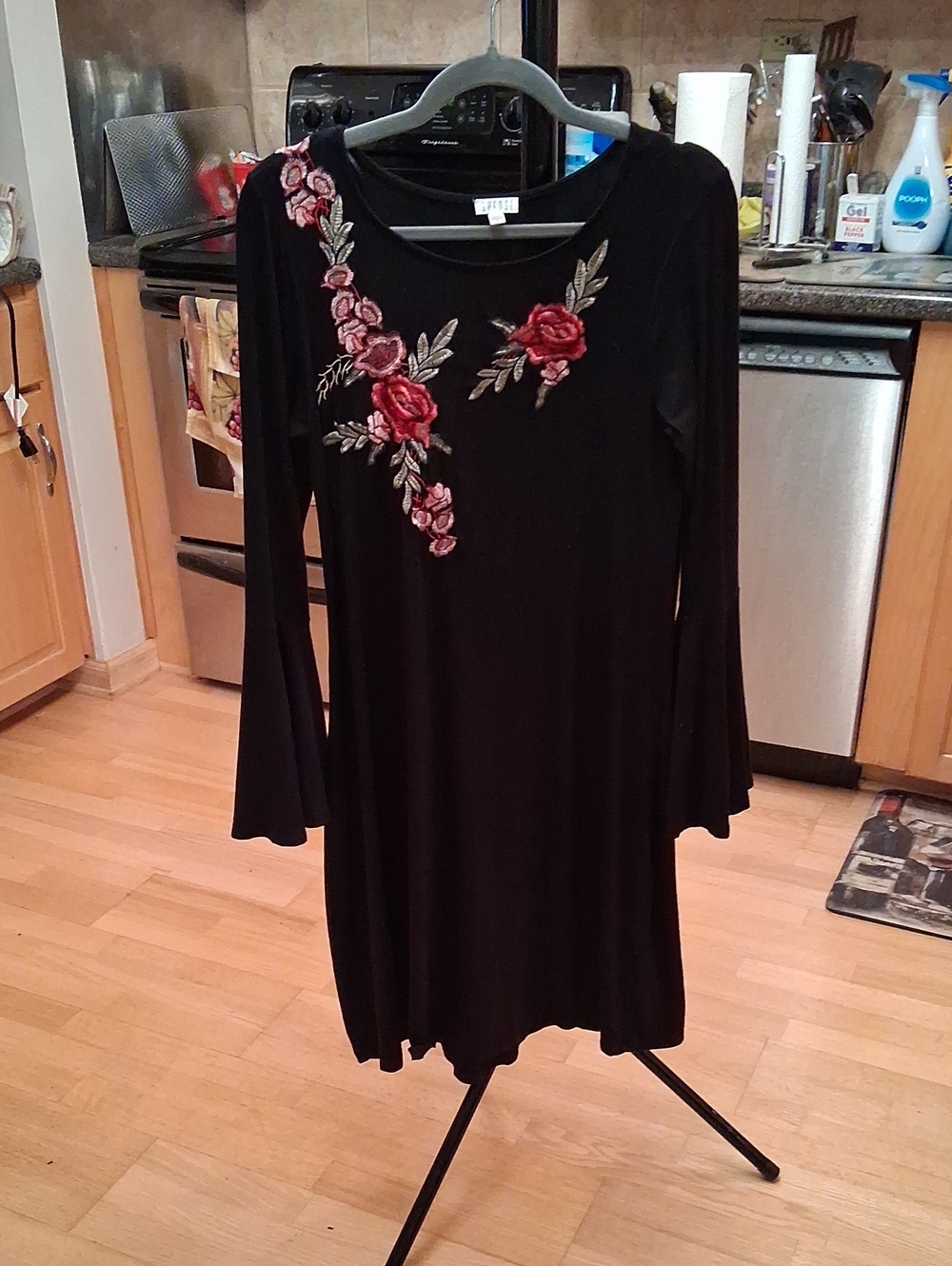 Spense Black Midi Dress with Red Rose Embroidery and Green Leaf Accents